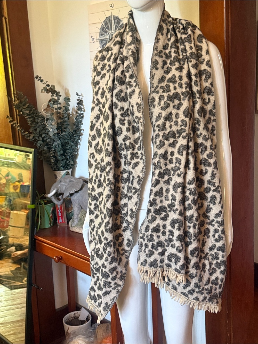 Leopard Print Fringe wrap/scarff - Neutral Beige & Black